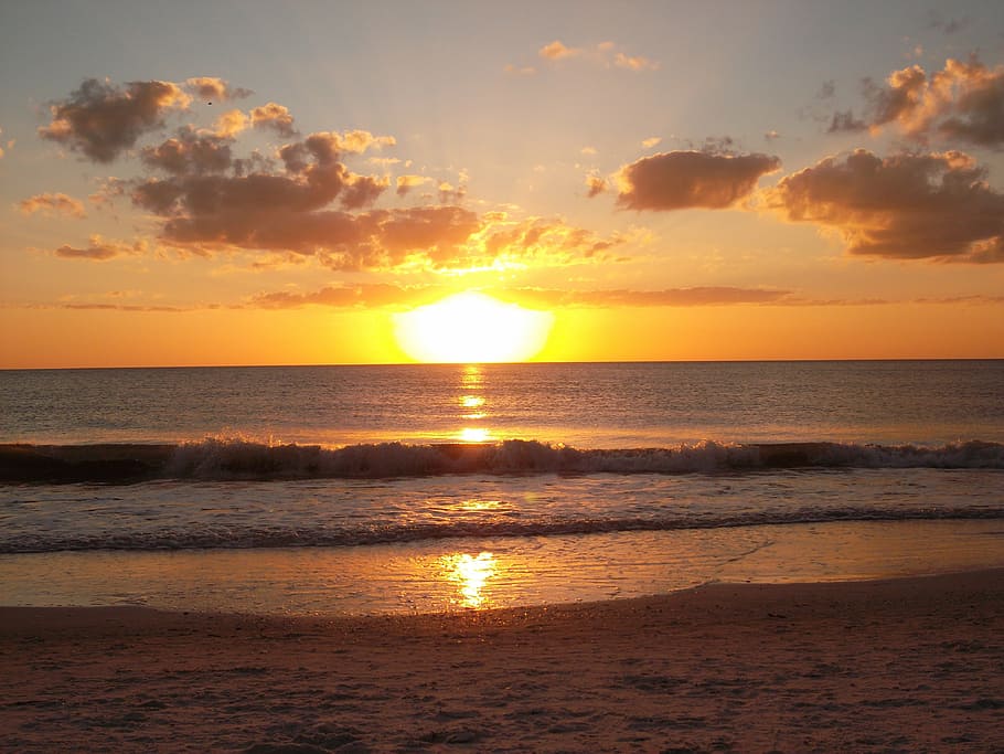 sunset, beach, summer, ocean, island, sky, water, horizon, horizon over water HD wallpaper
