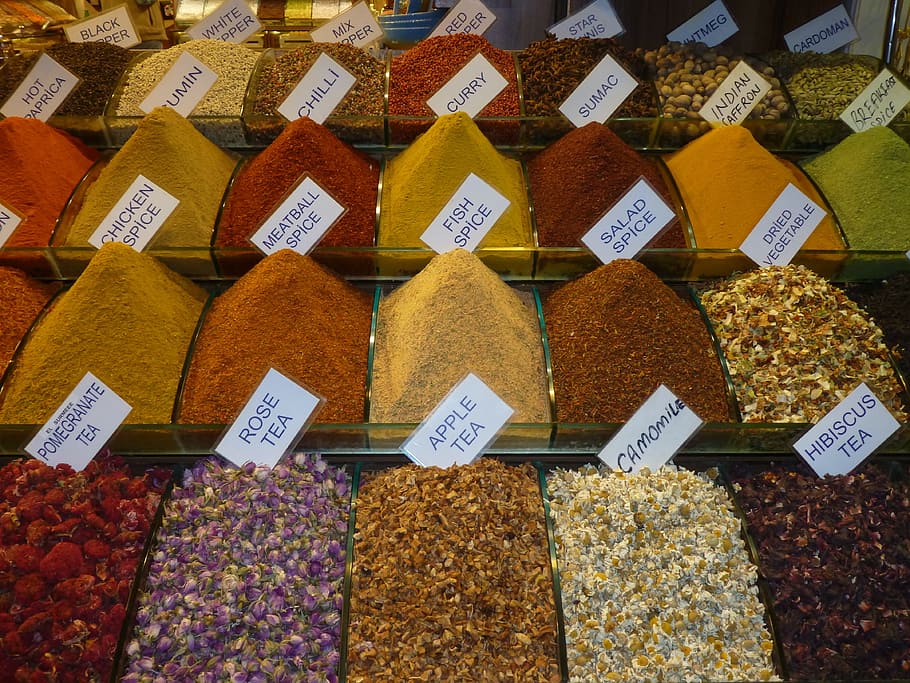 assorted powders, spices, market, tea, seasoning, flavors, bazaar