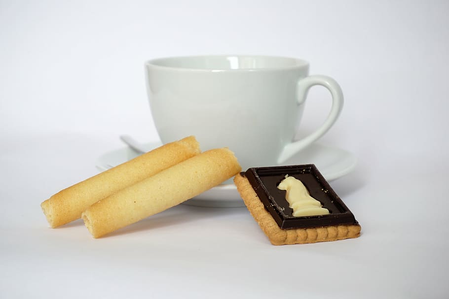 white ceramic teacup with biscuit, cookie, coffee, pastries HD wallpaper
