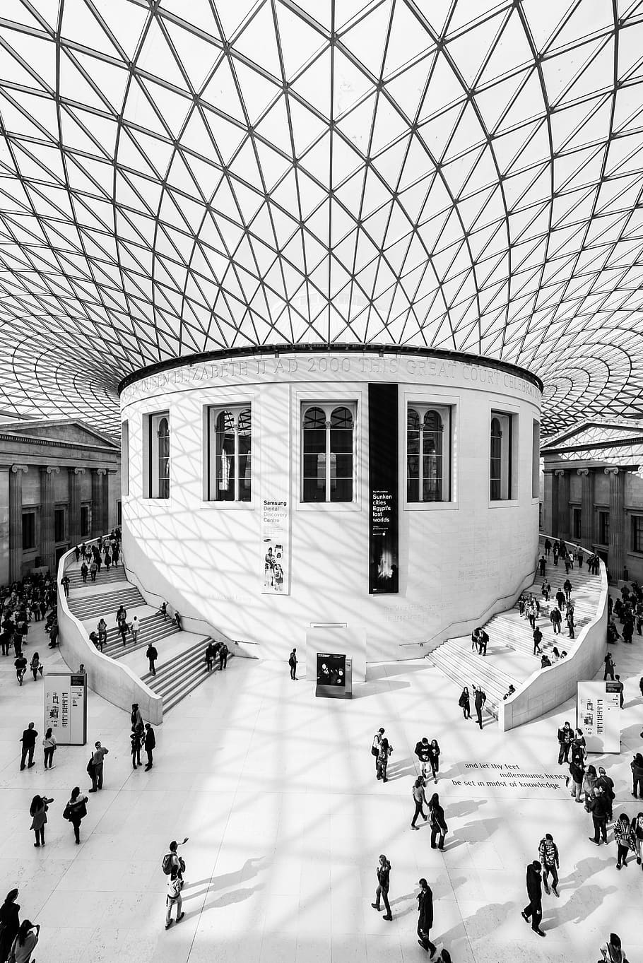 grayscale photography of people inside building, people walking inside a building HD wallpaper