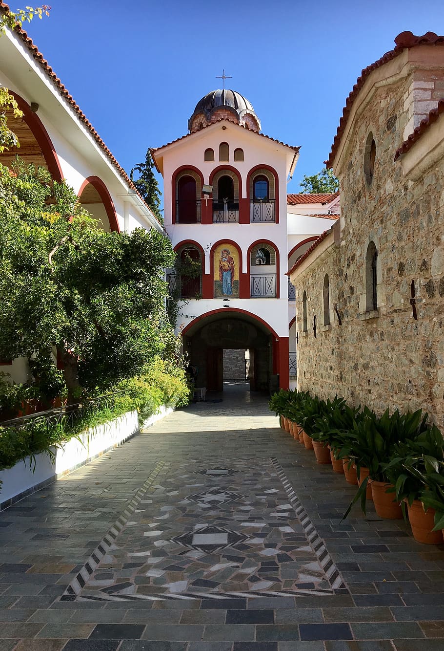 monastery, summer, greece, architecture, built structure, plant HD wallpaper