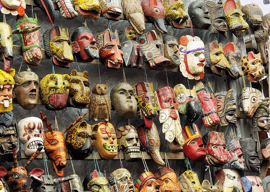 mask lot, market, ethnic, masks, objects, representation, human representation HD wallpaper