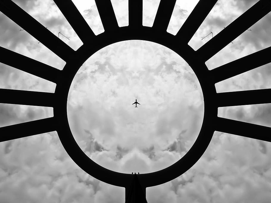 aeroplane, aircraft, airplane, black-and-white, clouds, flight, HD wallpaper