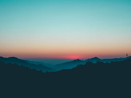 silhouette of mountain, mountains during dawn, sunset, blue, teal HD wallpaper