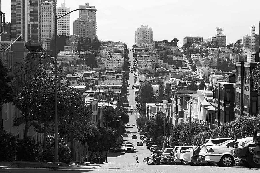 grayscale photography of San Francisco road, black And White HD wallpaper
