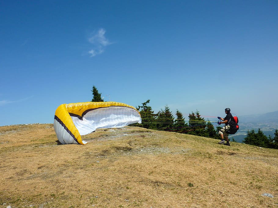 clipping stage, paragliding, start, wind, wind sock, fly, paraglider HD wallpaper