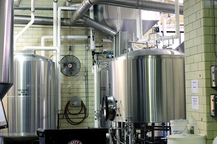 grey stainless steel industrial machine, beer, brewery, metal tanks