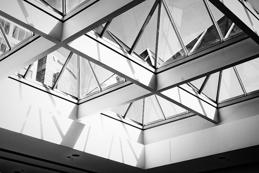 low angle photography of white framed glass roof, architectural photography of building ceiling HD wallpaper