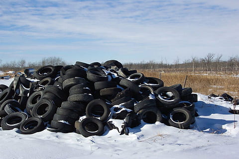 landfill, waste, garbage, recycle, tires, black, field, sky HD wallpaper