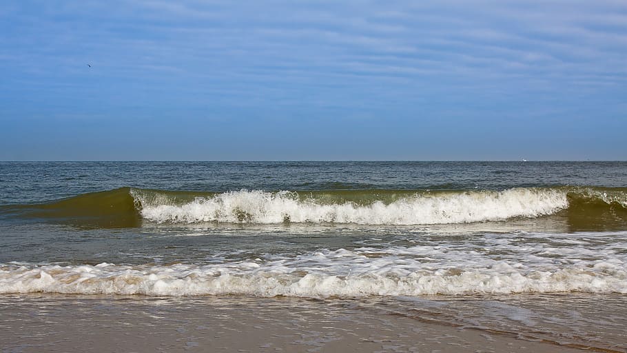 wave, beach, water, sky, blue, sea, foam, north sea, summer HD wallpaper