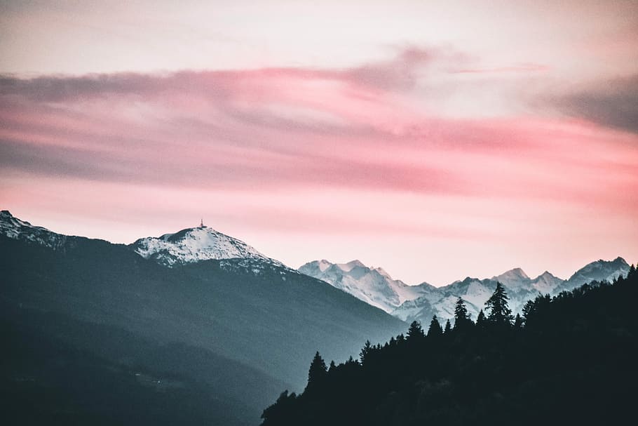 silhouette of trees and mountain covered with ice, silhouette of trees on mountain HD wallpaper