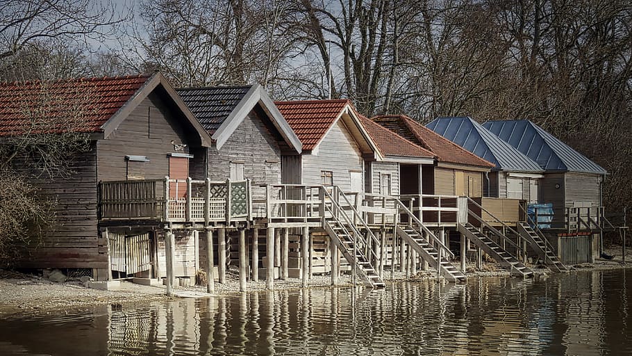 wooden houses beside body of water, home, waters, woods, boat house
