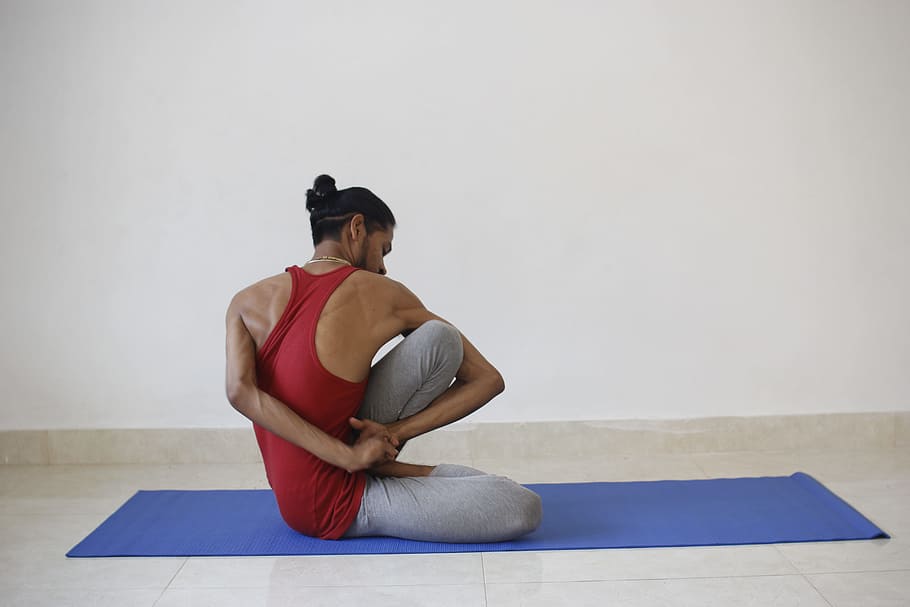 man sitting on blue yoga mat, Yogi, Men, Exercise, Sport, Asana, HD wallpaper