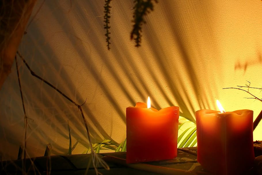 lighted two red candles near the white textile, spa, relax, flame, HD wallpaper