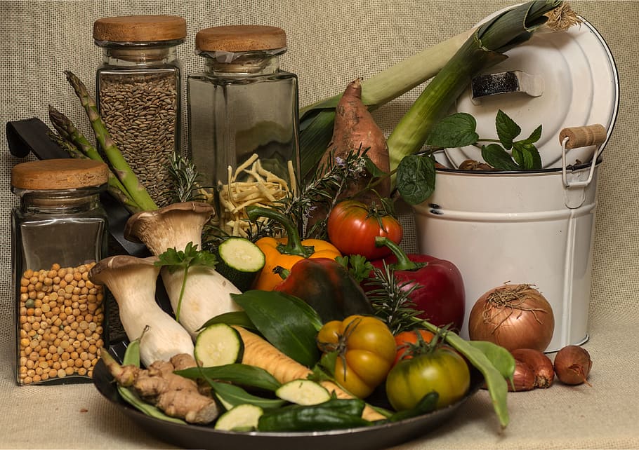 assorted vegetables on gray metal plate, still life, container HD wallpaper