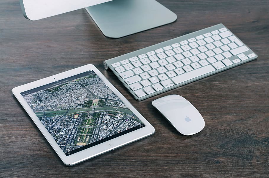 silver iPad on top of table, lancer, app, imac, apple, map HD wallpaper