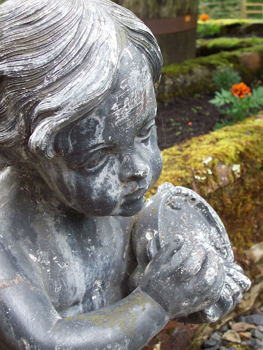 statue, boy, sculpture, child, monument, garden, vintage, faun HD wallpaper