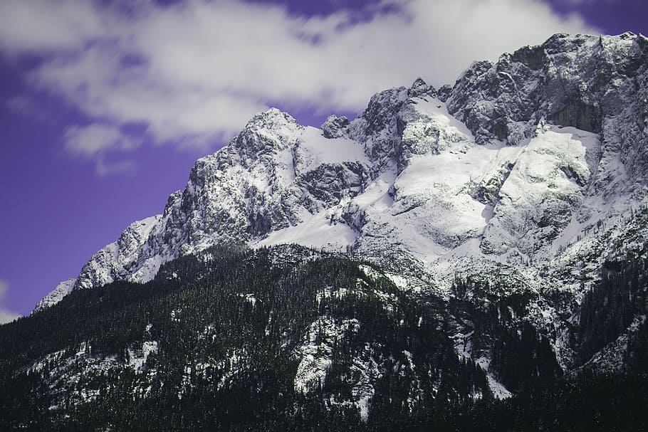 snow covered mountain under blue sky, tree, eibsee, zugspitze HD wallpaper