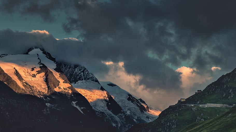 photo of mountain covered with snow, snow coated mountains under cloudy sky HD wallpaper