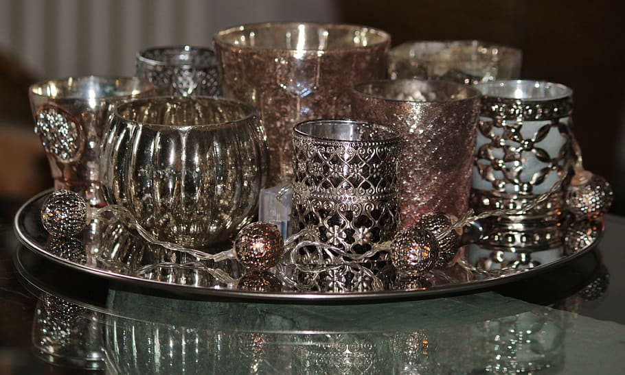 assorted silver cups, candles, tea light holder, glasses, deco, HD wallpaper