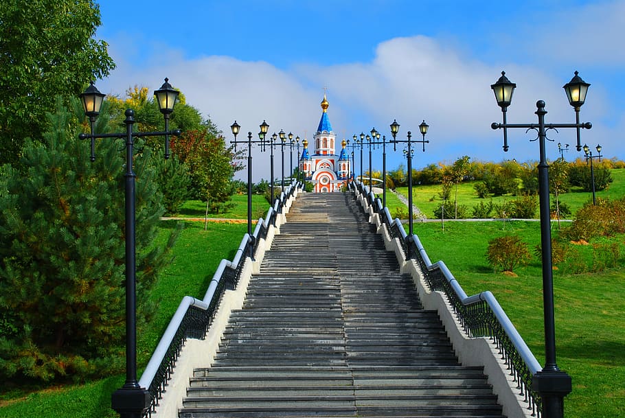 gray concrete stairs during daytime, temple, park, ladder, khabarovsk, HD wallpaper