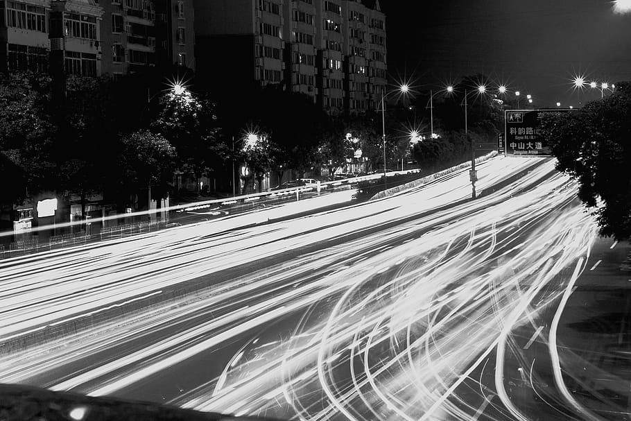 Delay, Evening, Street, night, illuminated, street light, speed HD wallpaper