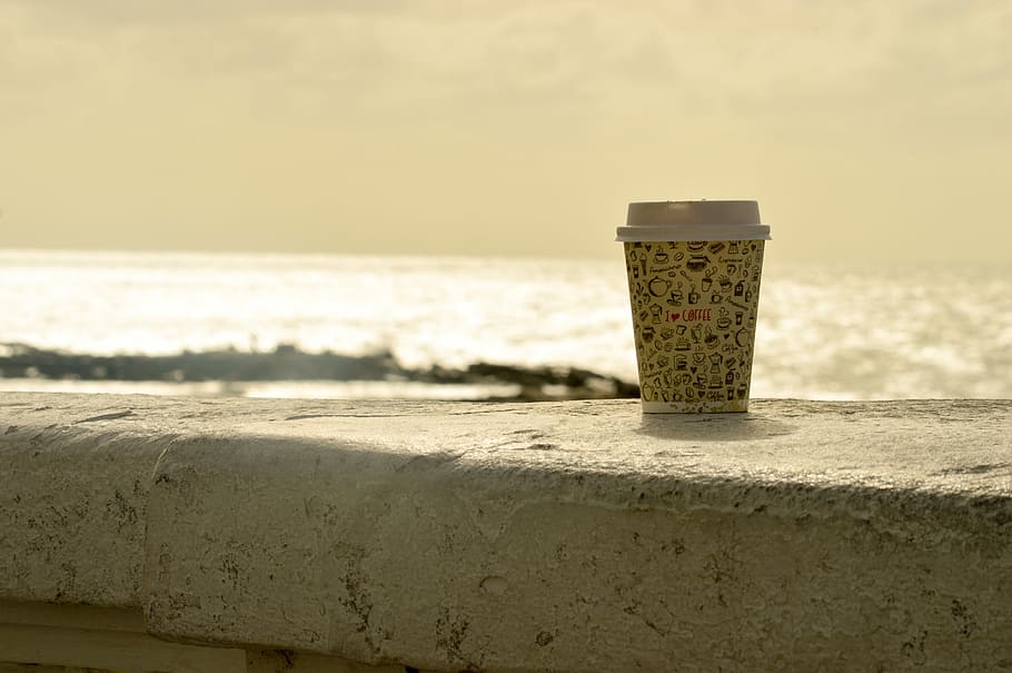 selective focus photography of beige and black disposable cup near body of water at golden hour HD wallpaper