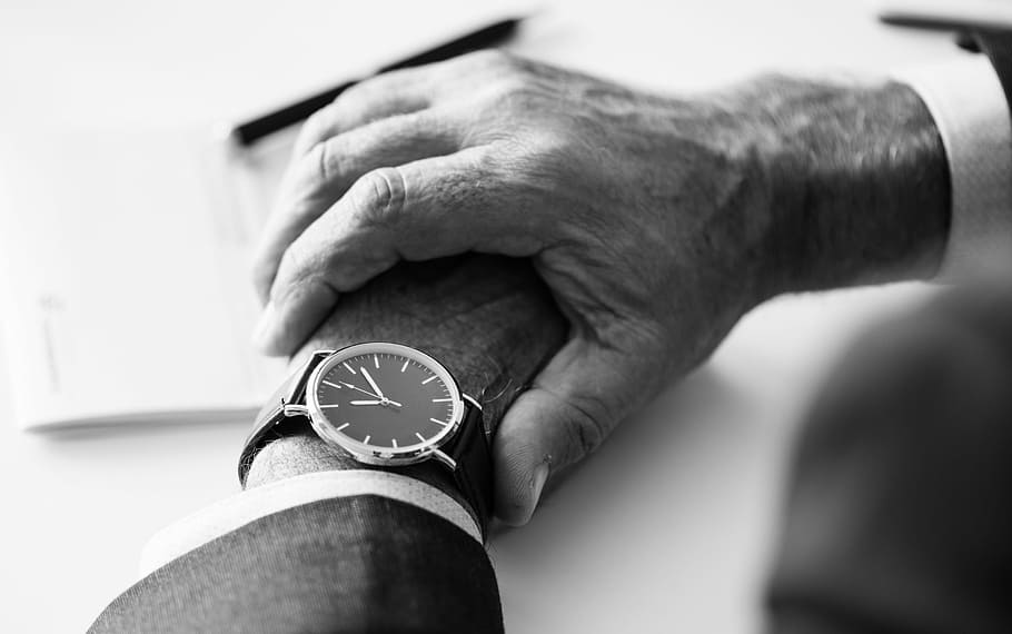 watch displaying 11:06, hand, time, wrist, black and white HD wallpaper