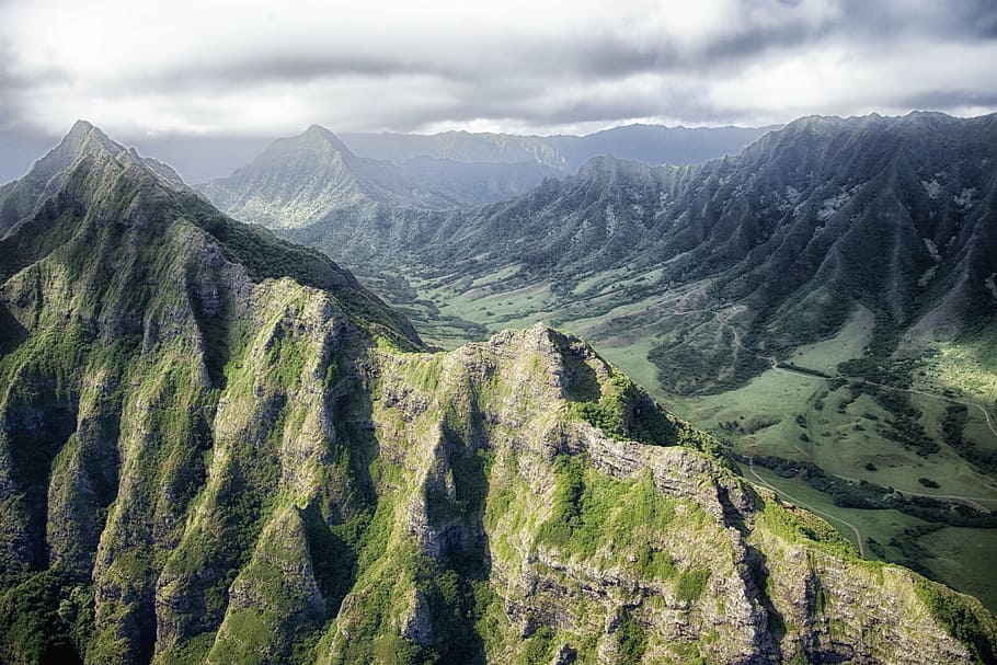 aerial photo of mountain, hawaii, mountains, sky, clouds, valley HD wallpaper