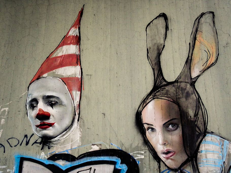 clown painted wall, graffiti, hare, man, woman, face, faces HD wallpaper