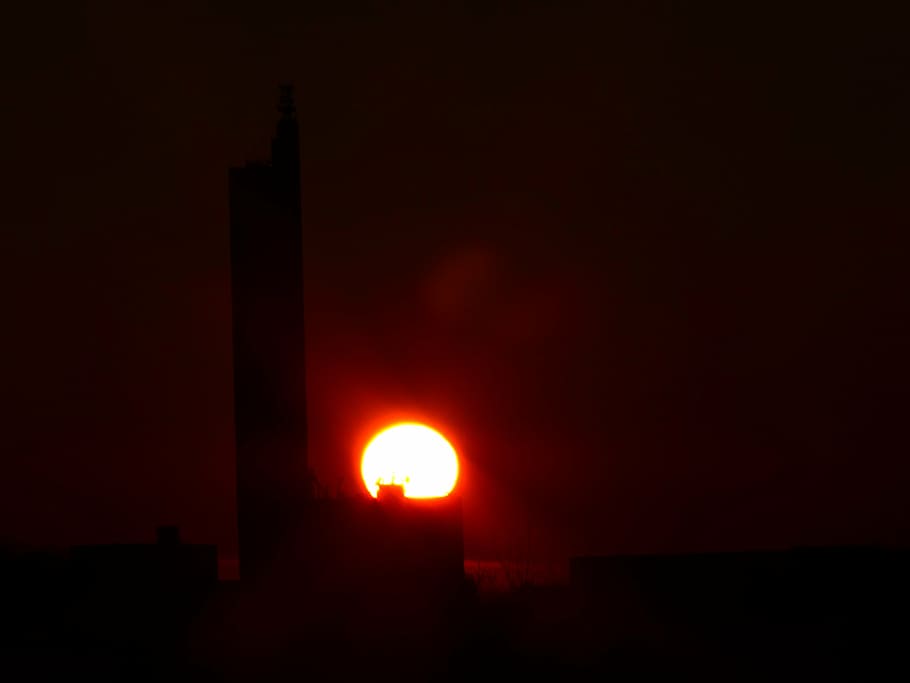 sun, glowing, fireball, sunset, grain silo, schapfe mill, flour mill HD wallpaper