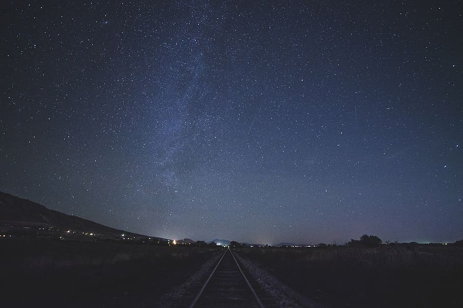 train rail photo during nighttime, dark, skies, stars, sky, space, HD wallpaper