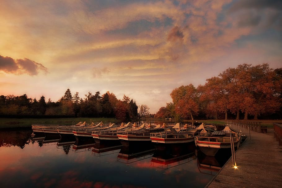 landscape, water, gondolas, sky, evening, sunset, park, wörlitz HD wallpaper