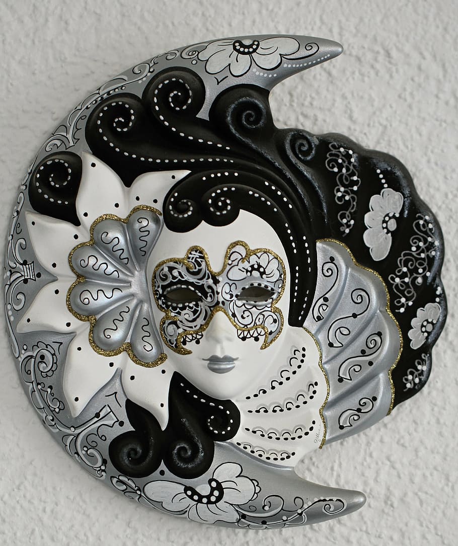 gray and black floral masquerade mask, venetian, faces, venice