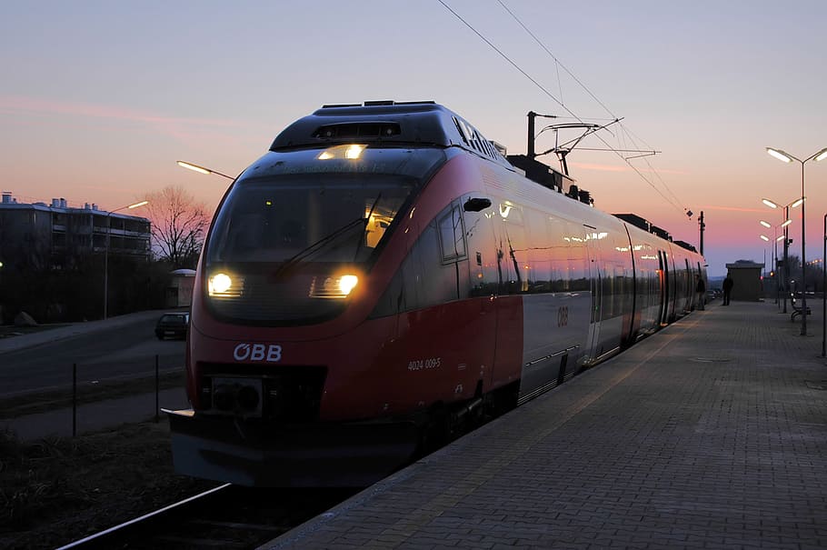 red and gray train, railway, vienna, dawn, stop, morgenrot HD wallpaper