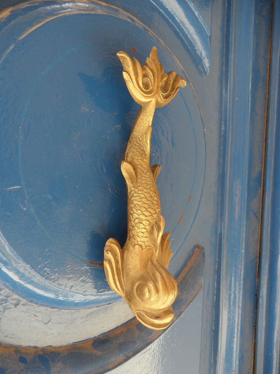 door, door handle, golden, old door, metal, fish, art and craft