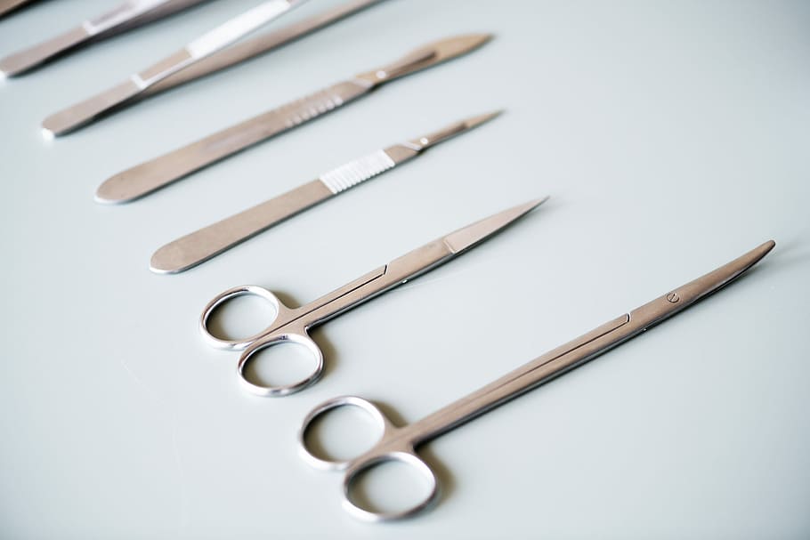 gray steel scissors, equipment, knife, scalpel, tool, surgical, HD wallpaper