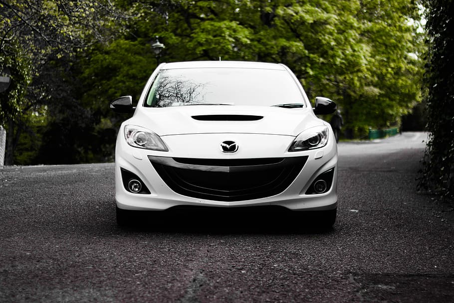 white Mazda vehicle on road near tree, white Mazda on asphalt road between trees HD wallpaper
