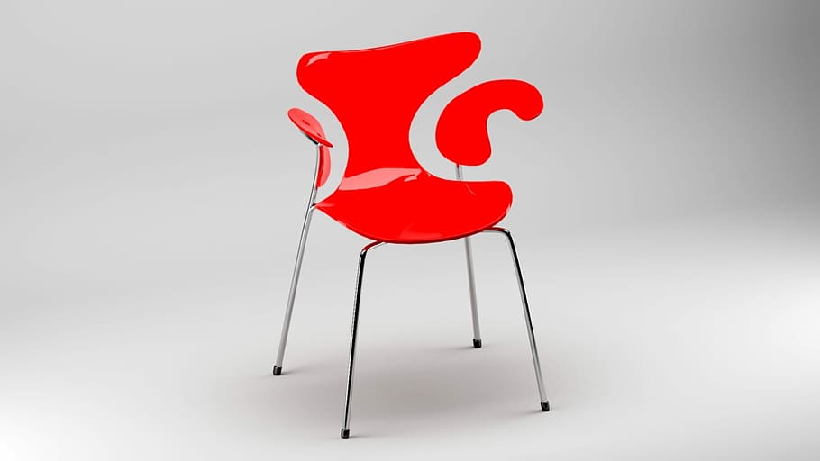 red plastic top stainless steel base arm chair on white surface