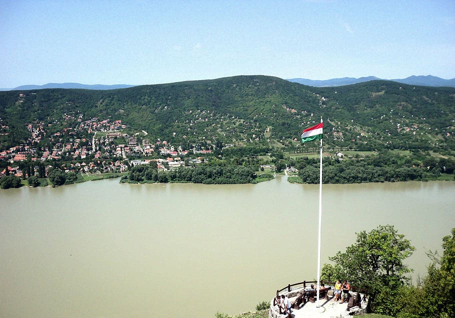danube, landscape, river, flag, lookout tower, water, architecture HD wallpaper