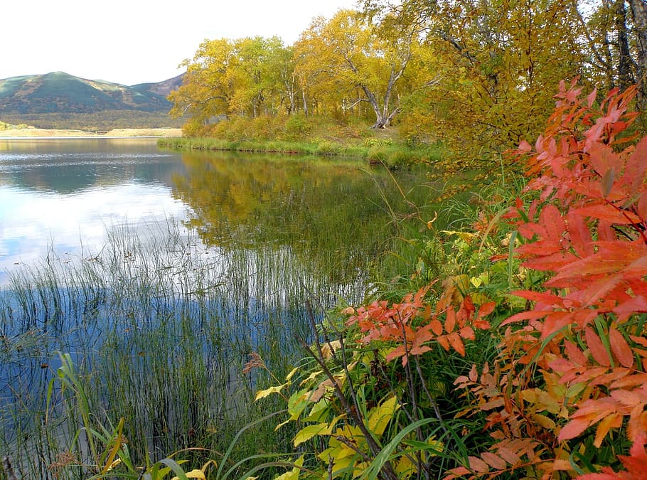 lake, mountains, sky, clouds, autumn, reflection, nature, landscape HD wallpaper