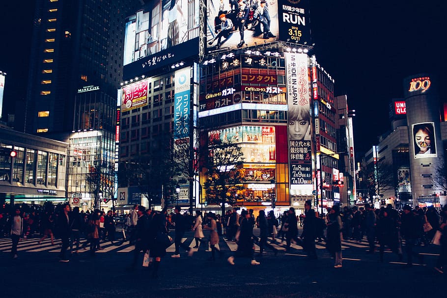 Shibuya Crossing in Tokyo, architecture and Cityscape, people