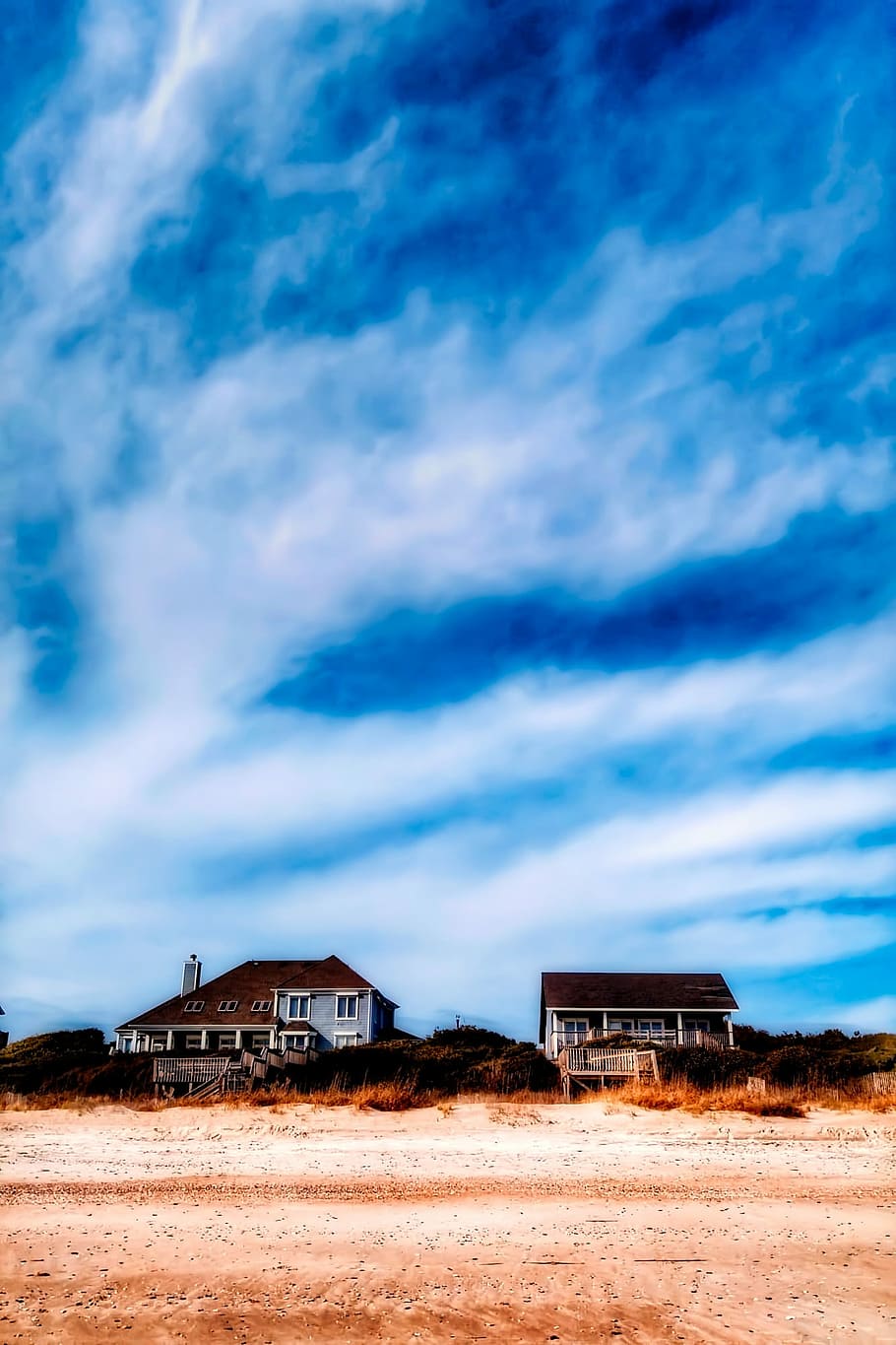 Beach, Clouds, Cottage, Houses, sky, homes, landscape, seaside HD wallpaper