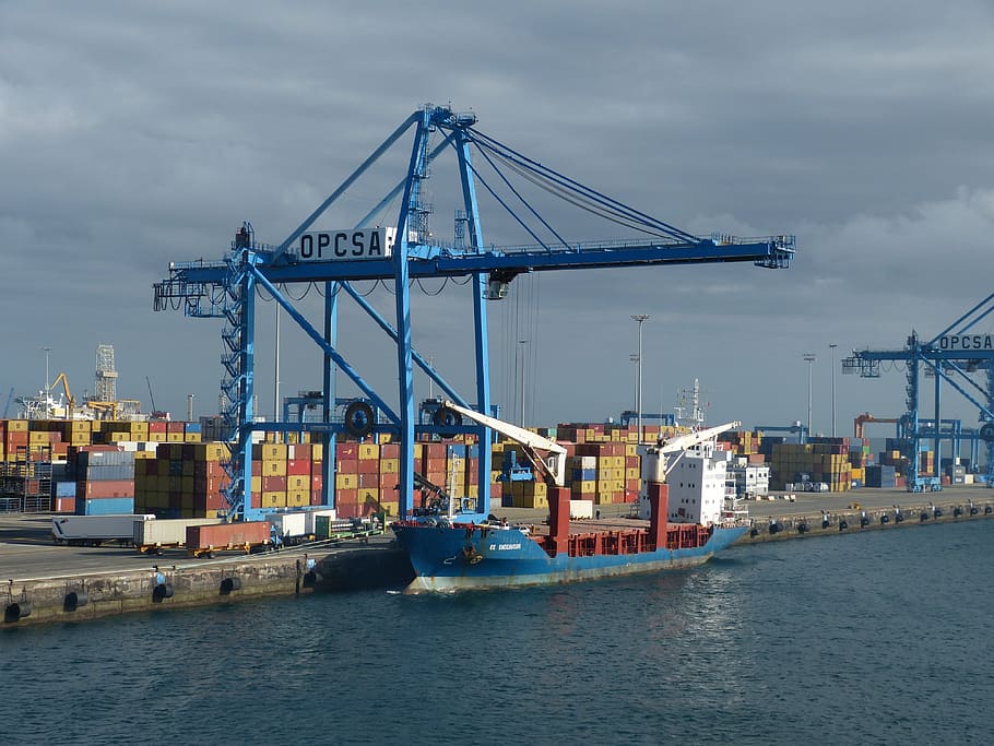 blue cargo crane near ship, container, port, water, shipping HD wallpaper