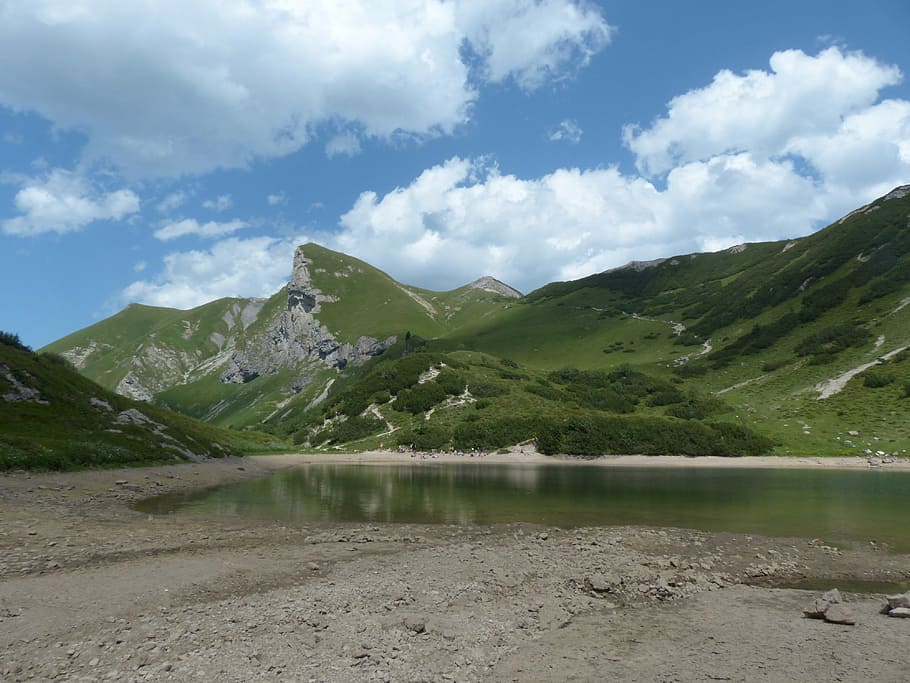 pool, lake, schochen top, sulz tip, pallor, mountains, summit HD wallpaper