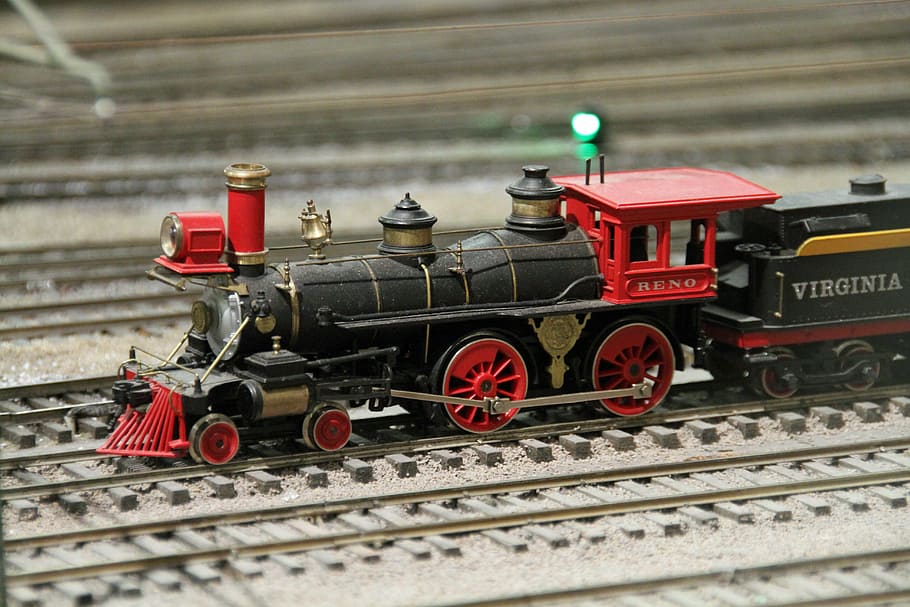 selective focus photography of black train model, san diego, train museum, HD wallpaper