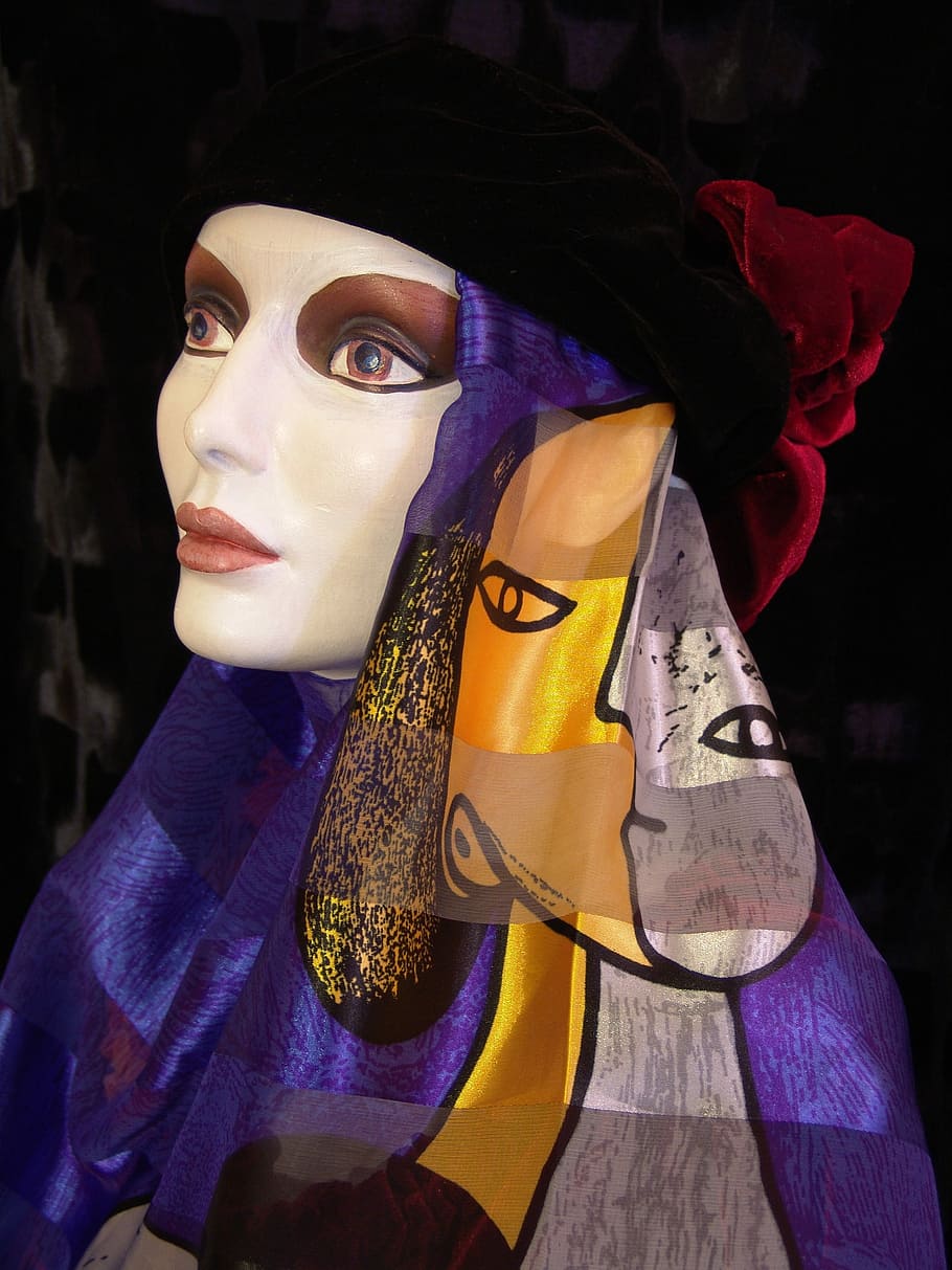 women's purple, orange, and gray headdress, Picasso, Woman, manekin, HD wallpaper