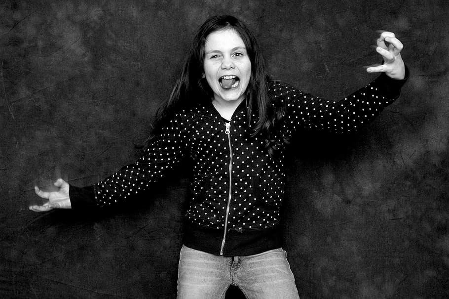 grayscale photo of woman doing tongue out, girl, crazy, female, HD wallpaper