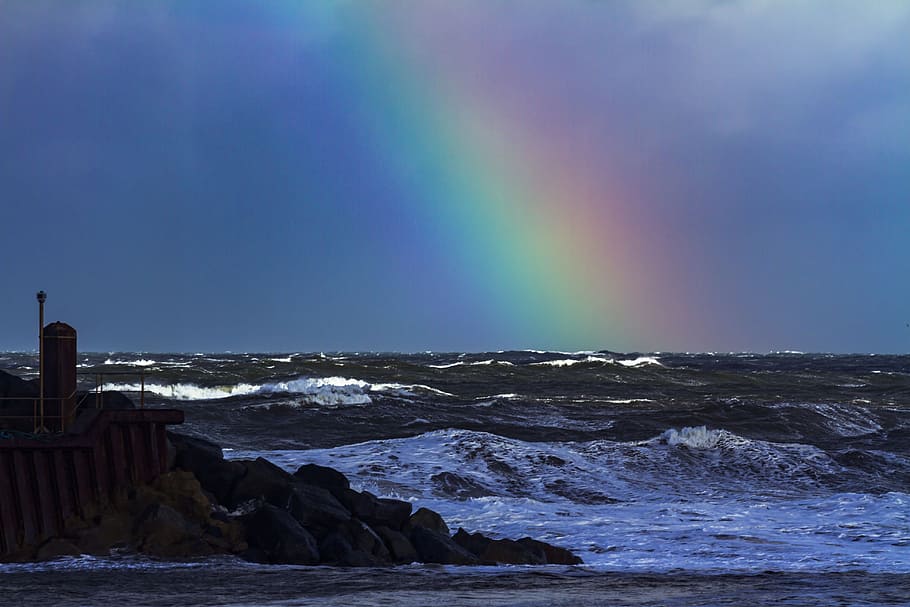 Rainbow, Seascape, Sky, Landscape, Ocean, water, scenery, blue HD wallpaper