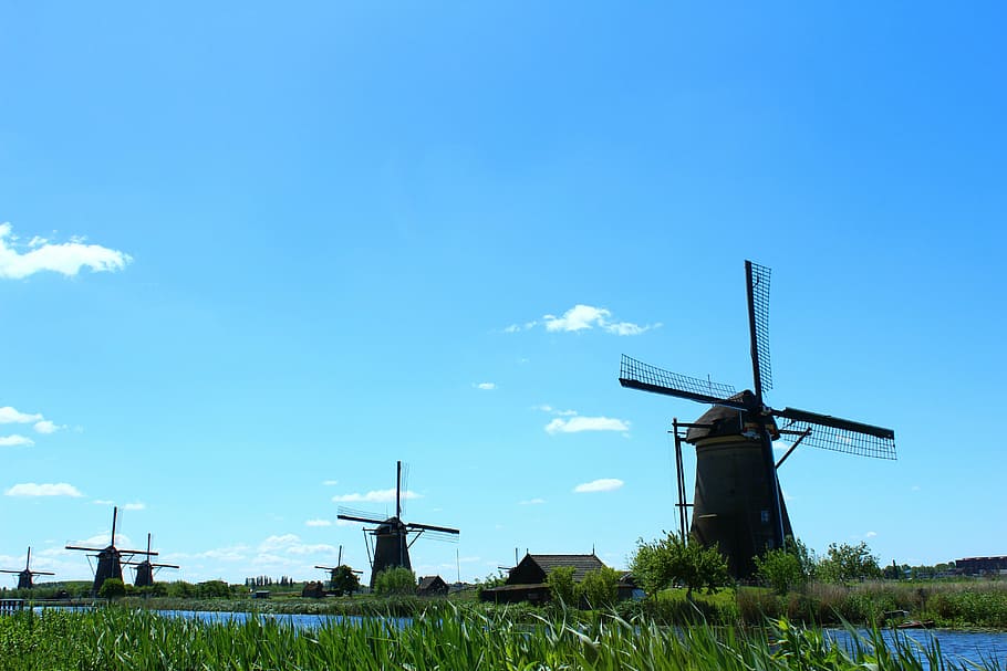 low-angle photography of windmill, kinderdijk, mills, sky, blue HD wallpaper